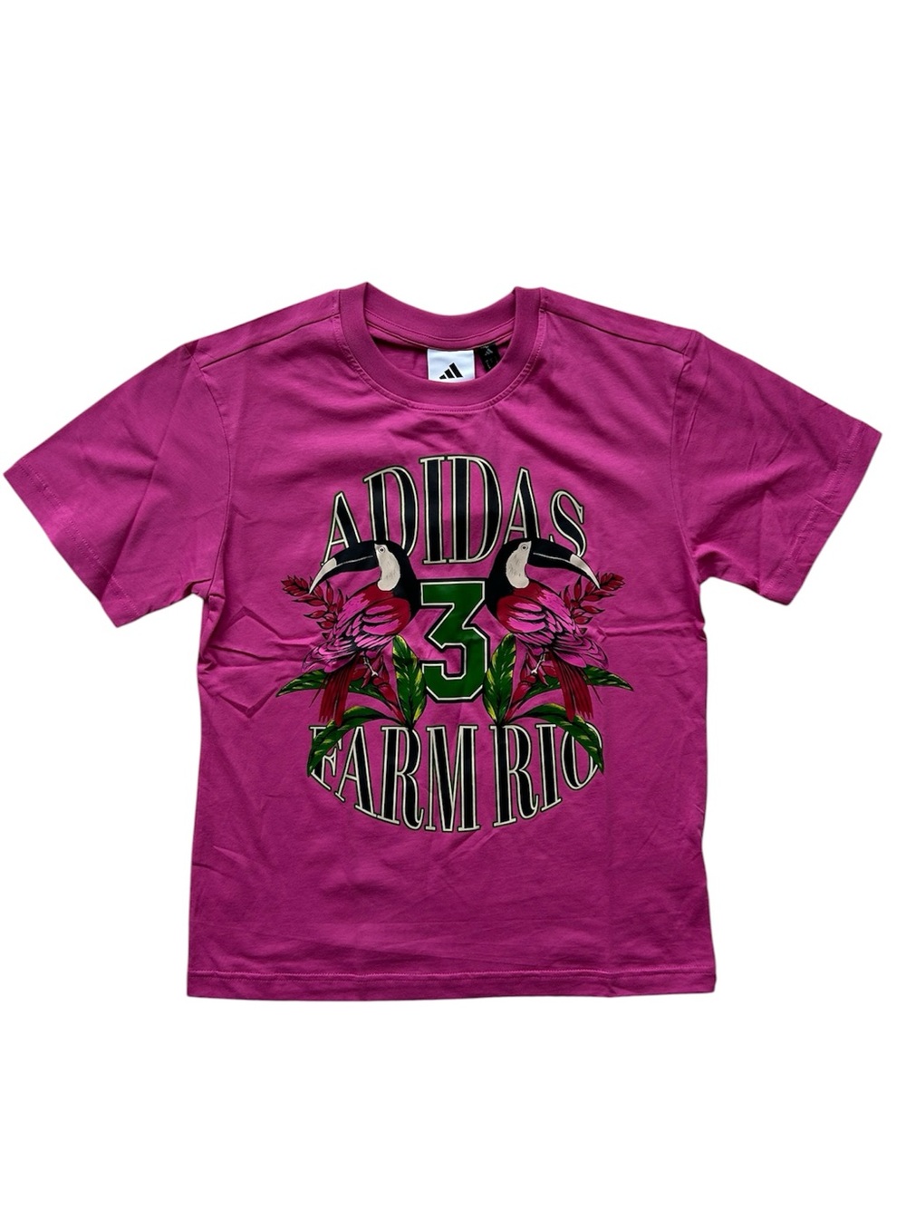 Adidas x FARM Rio Toucan Graphic Tee in Fuchsia/Crystal Linen NWT Size Small - Picture 4 of 8